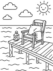 Fototapeta premium Relaxing Dockside Scene: A cozy chair with a blanket and pillow sits on a wooden dock overlooking calm water, under a smiling sun and fluffy clouds, perfect for a peaceful retreat.