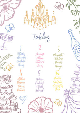 Elegant hand drawn seating chart template with wedding cake champagne glasses flowers and candles