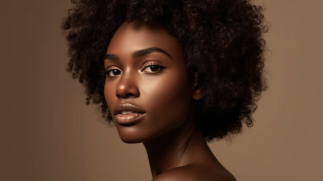 Beautiful Young Mixed Race Woman with Natural Afro Curls Looking at Camera, Studio Portrait
