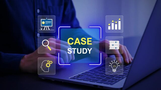 Case study education concept. Person use laptop with case study icon on virtual screen for analysis of the situation to find a solution.