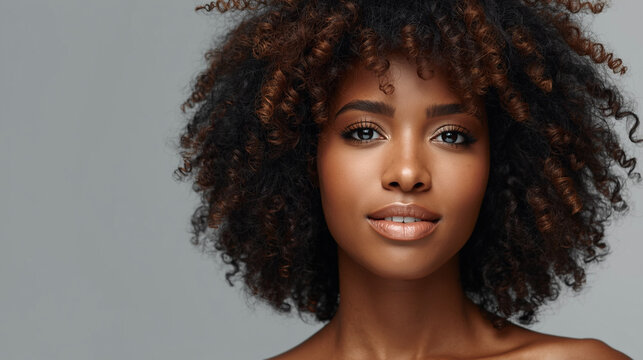 Beautiful Young Mixed Race Woman with Natural Afro Curls Looking at Camera, Studio Portrait