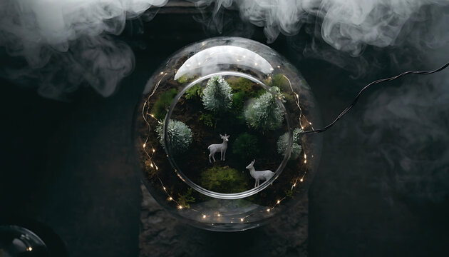 Glass globe with white deer and trees inside surrounded by string lights and smoke