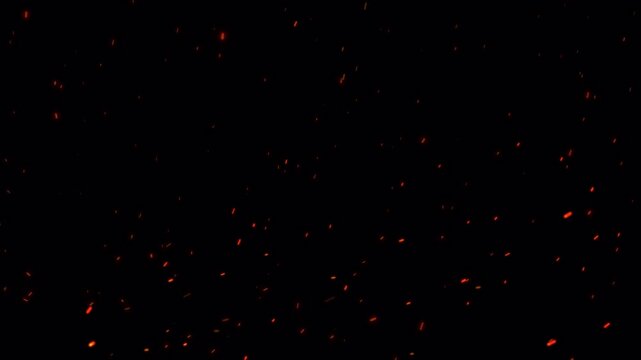 Realistic isolated fire sparks glowing embers floating on black background for cinematic overlay, campfire atmosphere, and energetic heat effects.