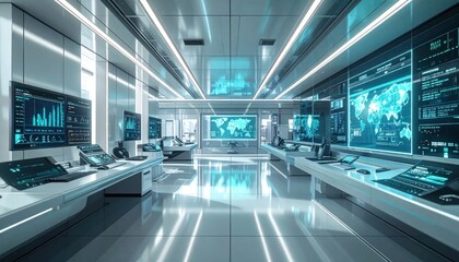 Obraz premium Futuristic digital command center with data visualization screens.