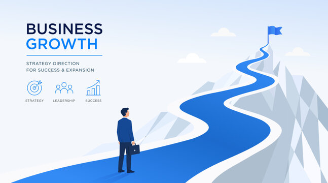 Business growth strategy leadership success vector illustration featuring a businessman on the path to achievement and expansion. Modern flat design vector banner for presentations, business planning