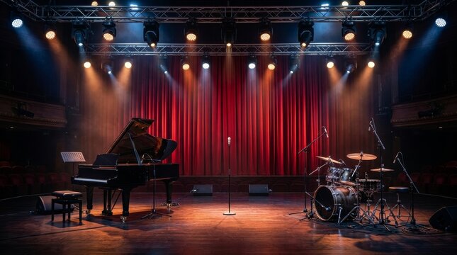 Music Stage with Piano and Drum Kit