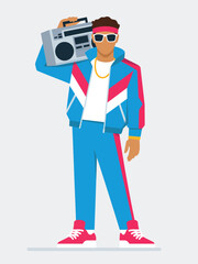 Fototapeta premium Man in a colorful retro tracksuit holding a large boombox on his shoulder