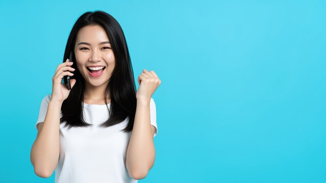Excited Woman on Phone: A young Asian woman beams with joy and excitement while speaking on her smartphone.