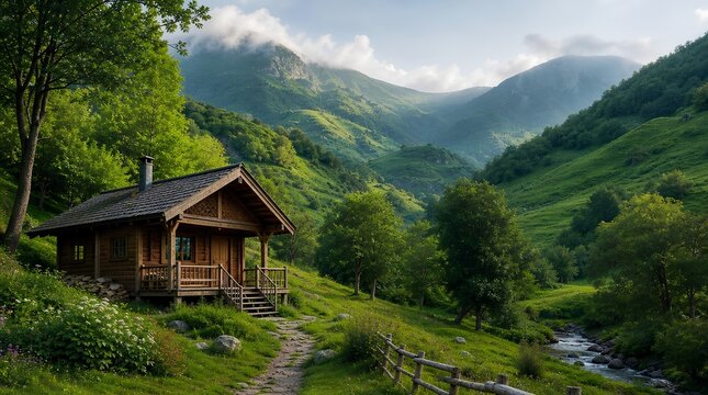 Rustic wooden mountain cabin tucked beneath leafy trees in a lush green valley, with wildflowers, footpath, rail fence, creek, and misty sunlit peaks under soft clouds peaceful alpine retreat