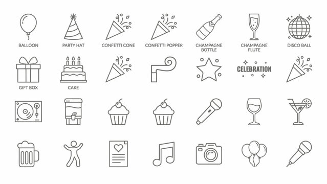 Collection of line icons for party and celebration concepts and symbols  various objects
