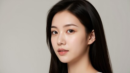 Fototapeta premium Asian Young Woman Portrait: A beautiful young Asian woman with long dark hair and subtle makeup poses for a portrait, her gaze soft and thoughtful, against a neutral backdrop.