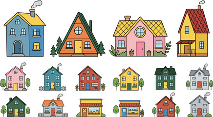 Naklejka premium Cute cartoon house and small shop building vector element set for real estate architectural map and neighborhood city illustration design