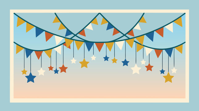 Curved party bunting swags with colorful pennant flags and hanging star ornaments over a soft pastel gradient sky panel, festive flat vector border for birthdays, celebrations, nursery decor and