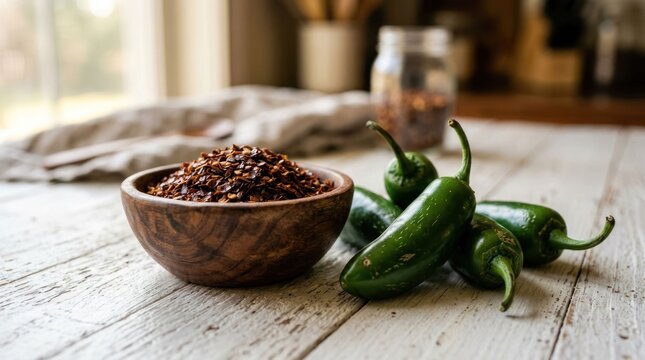 Rustic Wooden Bowl Filled with Spicy Chili Flakes Next to Fresh Jalapeno Peppers on a Table.