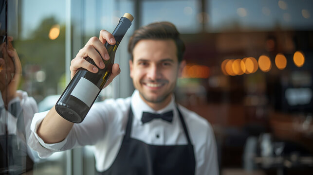 Sommelier presenting a bottle of wine in elegant restaurant, luxury hospitality service