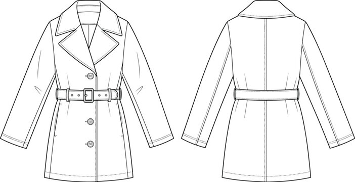 Belted Coat Technical Flat Sketch with Notched Lapel and Waist Tie Front and Back Views