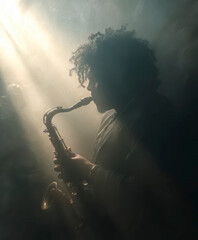 Obraz premium Jazz Saxophonist Silhouette in Warm Light– Generative AI – no real persons