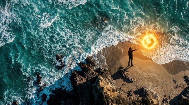 Aerial view of a person standing on a sandy beach reaching toward a glowing magical sun sphere by the ocean waves