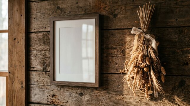 Rustic Wooden Wall with Empty Frame and Dried Wheat Sheaf.