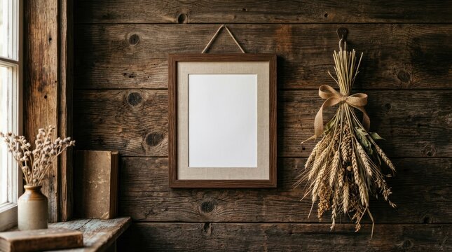 Rustic Wooden Wall with Empty Frame and Dried Flowers.