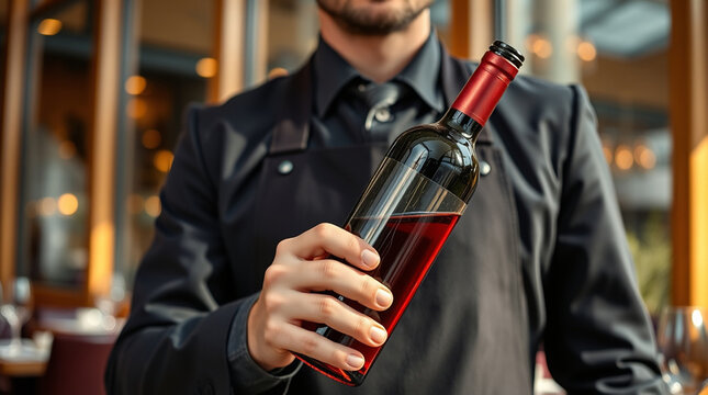 Sommelier presenting a bottle of wine in elegant restaurant, luxury hospitality service