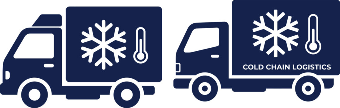 Cold chain logistics refrigerated truck icon set with snowflake and thermometer temperature graphics