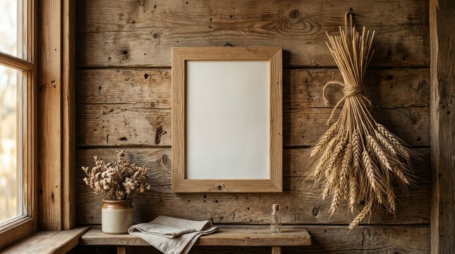 Rustic Wooden Wall with Empty Frame and Dried Wheat Stalks.