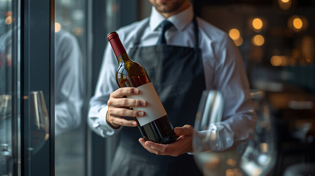 Sommelier presenting a bottle of wine in elegant restaurant, luxury hospitality service