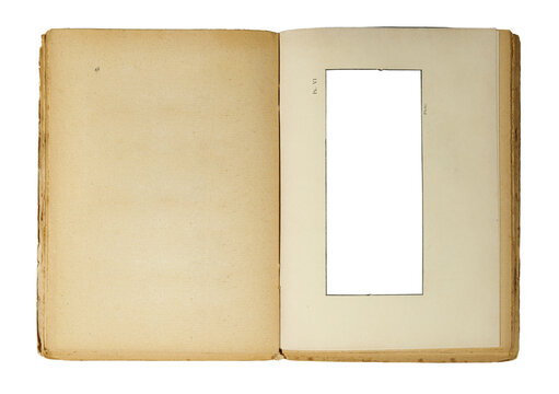 Antique open book with a blank panoramic photo frame cutout on the right page isolated on white background. Empty aged weathered paper texture with vintage design elements and retro plate marking.