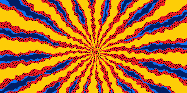 Comic book effect background with red, blue, and yellow fire burst rays forming abstract sunburst. Comic radial ray pattern with dynamic dotted texture. Vector illustration.