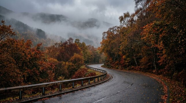 Scenic Mountain Road Winding Through Autumn Forest on a Misty Day.
