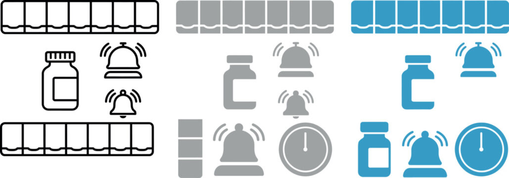 Set of medical and reminder icons including pill organizers, medicine bottles, bells, and clocks