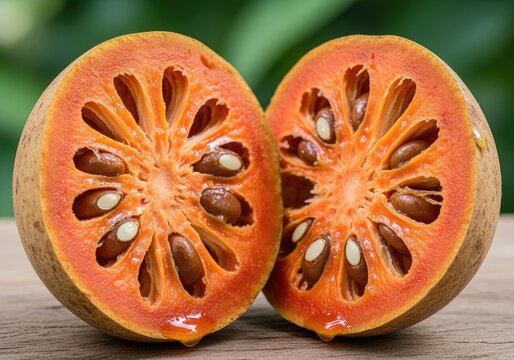 Two halves of ripe bael fruit on wood.