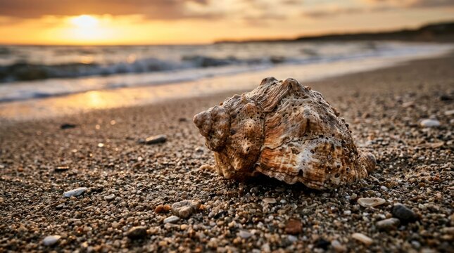 Seashell on a Sandy Beach at Sunset.