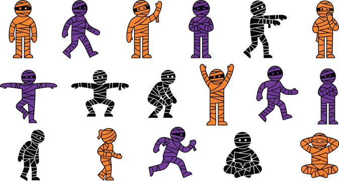 Set of mummy characters for Halloween in various poses and actions