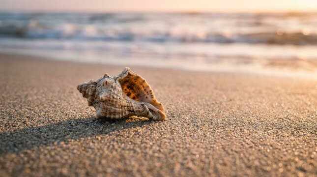 Seashell on Sandy Beach at Sunset with Gentle Waves.