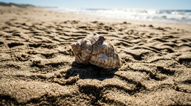 Seashell rests on wet sand with ocean waves in background.