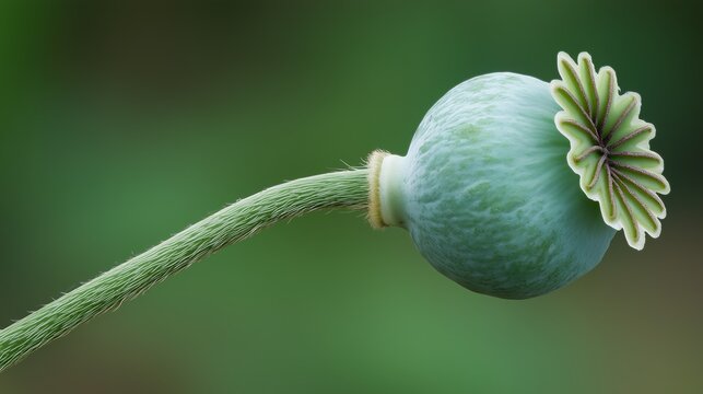 Poppy plant's green seed pod with deep incision, natural daylight focus.
