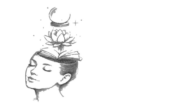 Untitled-5Grayscale illustration of human head with closed eyes blooming lotus flower crescent moon and stars symbolizing peace and enlightenment