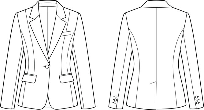 Tailored Blazer Jacket Technical Flat Sketch with Notched Lapel and Pocket Details Front and Back Views