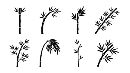 Bamboo stalk and leaf silhouette vector set isolated on white background. Black oriental plant stems, branches, and foliage icons for traditional Asian zen design. © selena