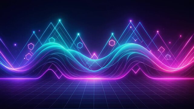 Abstract music wave flowing across futuristic grid neon blue magenta cinematic loop