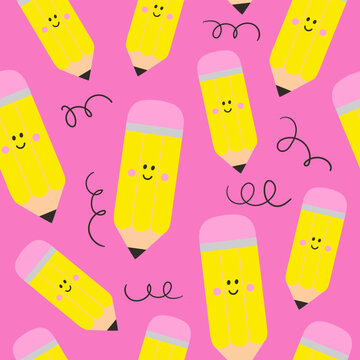 Seamless pattern with smiling cute pencils. Vector illustrations