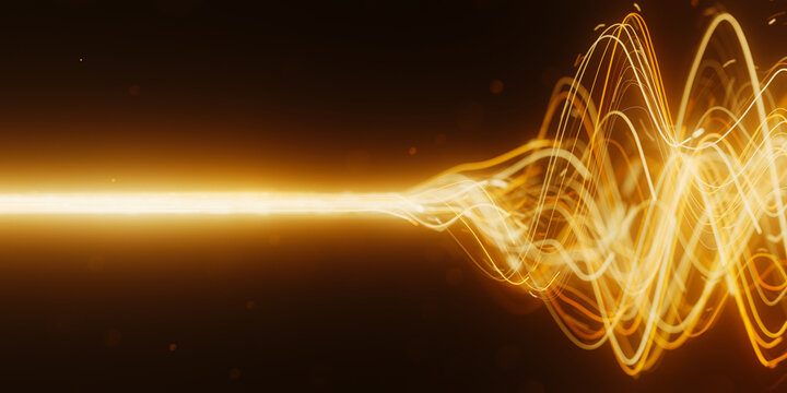 Golden oscillating light trail in abstract 3D quantum data visualization with magic particles.