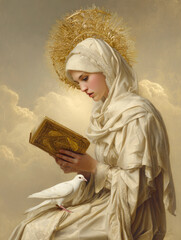 Fototapeta premium Sacred Woman with Dove and Holy Book – AI Generative