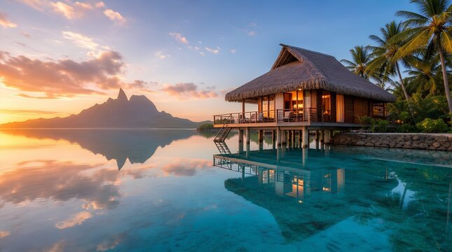Luxury overwater bungalow glowing at sunrise above a glassy turquoise lagoon, with palm trees, thatched roof, mountain silhouette, and perfect reflections in a serene tropical paradise