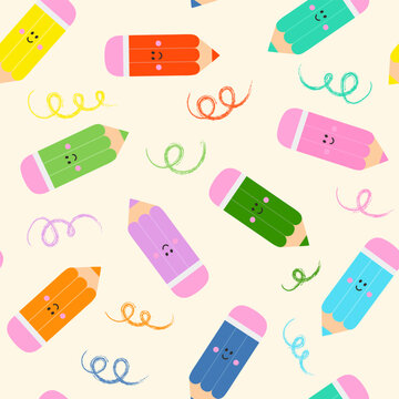 Seamless pattern with smiling cute pencils. Vector illustrations