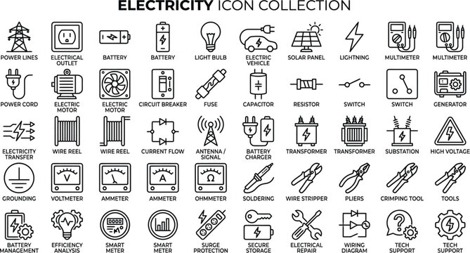 Electricity and Energy Power Line Icons Collection