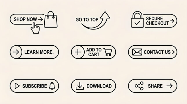 Collection of modern, rounded buttons for e-commerce and web navigation, offering calls to action.