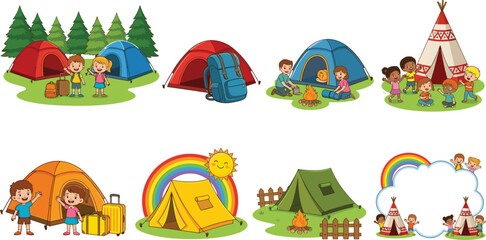 Happy kids summer camp vector illustration set with camping tents backpacks campfires and teepees for outdoor adventure design © Shukimon